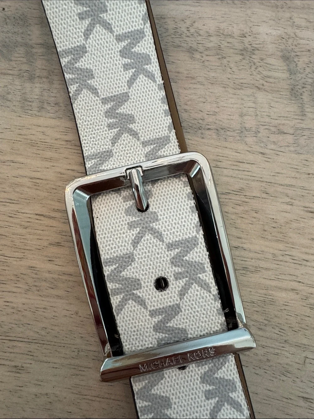 Michael Kors Men's White and Gray MK Logo Belt with Silver Buckle